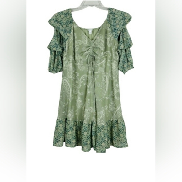 Cato Dresses & Skirts - Cato Green Cream & Blue Paisley Ruffle Stretchy Midi Lace 3/4 Sleeve Dress Fairy